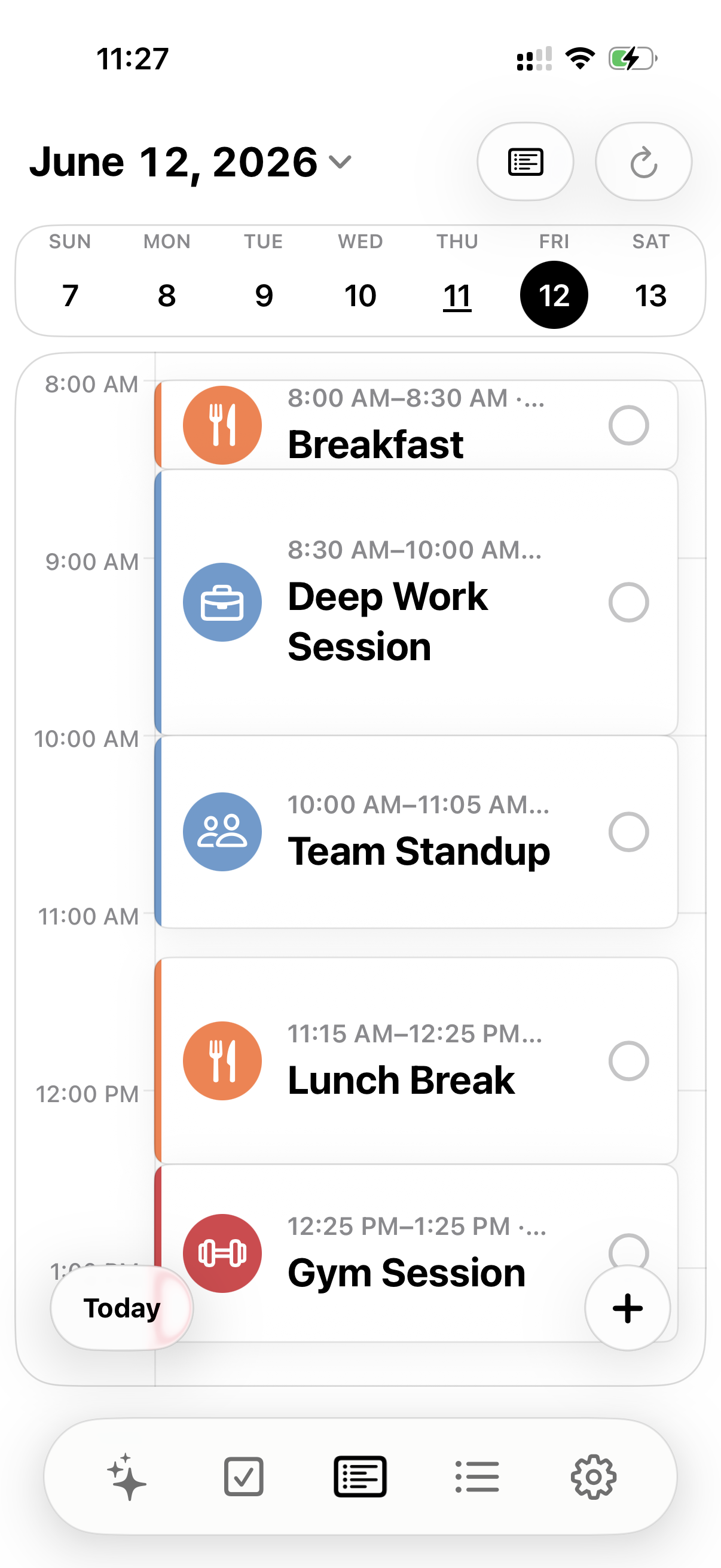 Calend visual daily timeline showing scheduled blocks